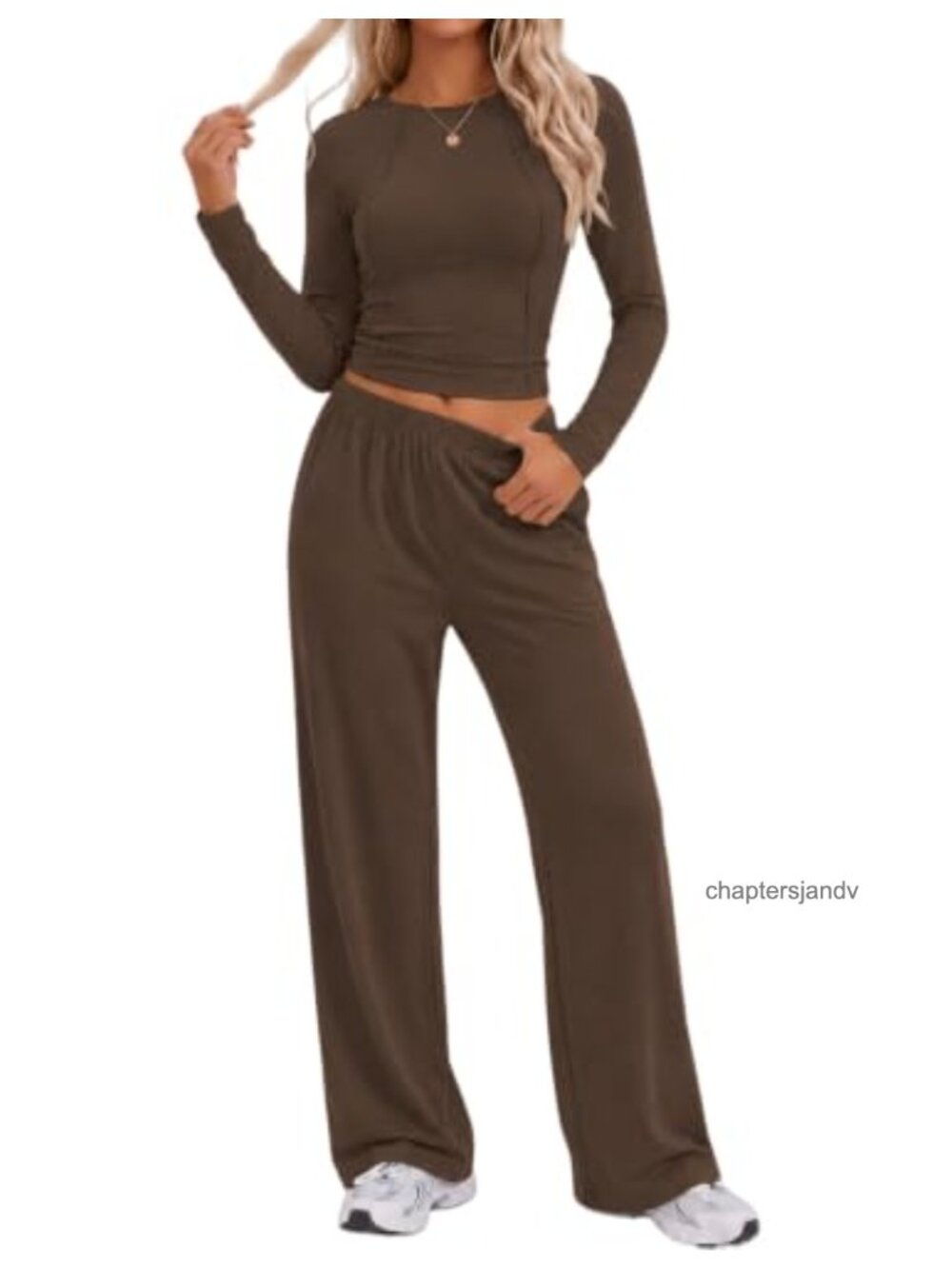 Women's 2 Piece Lounge Set Crew Neck Top Wide Leg Pants Two Side Pockets